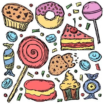 Sweets icons. Doodle vector with sweets icons on white background Stock Illustration