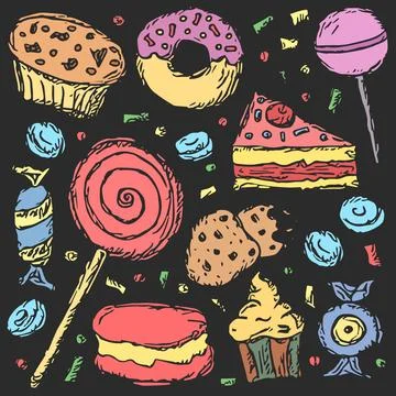 Sweets icons. Doodle vector with sweets icons on white background Stock Illustration