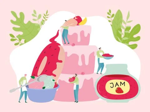 Sweets production concept, tiny people team bake cake with jam for summer cafe 스톡 일러스트