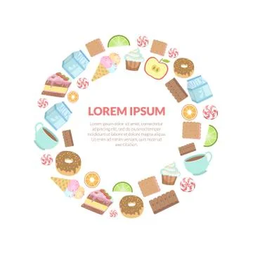 Sweets Round Frame, Candy, Cake, Donut, Cup of Tea, Cookie, Teatime Circle Stock Illustration