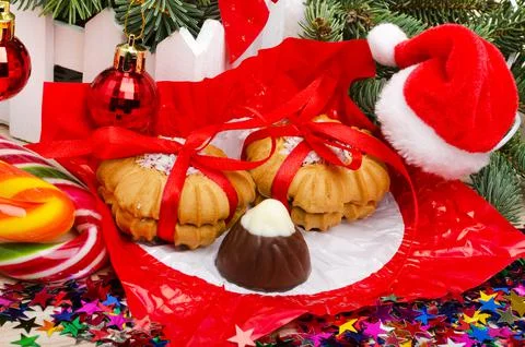Sweets for Saint Nicholas Day. Chocolates, cookies, lollipops. Stock Photos