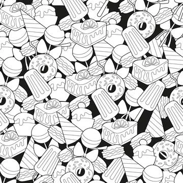 Sweets seamless pattern. Black and white cartoon illustration on white backgr Stock Illustration