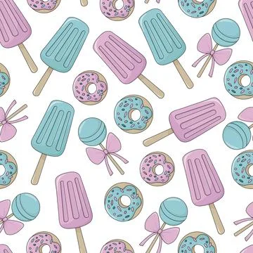 Sweets seamless pattern. Colorful cartoon illustration on white background. Stock Illustration