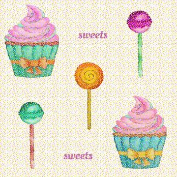 Sweets seamless pattern with cupcake, lollipop and chupa chups. Stock Illustration