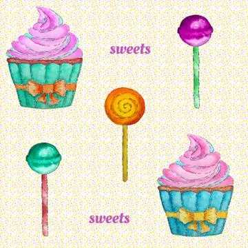 Sweets seamless pattern with cupcake, lollipop and chupa chups. Stock Illustration