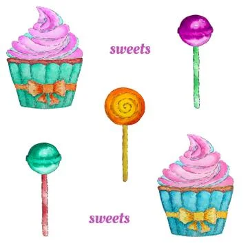 Sweets seamless pattern with cupcake, lollipop and chupa chups. Stock Illustration