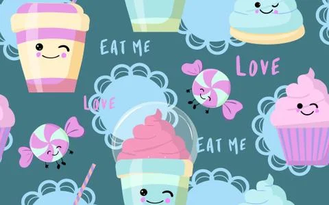 Sweets seamless pattern. gentle background with cocktail, cake and cupcakes. Stock Illustration