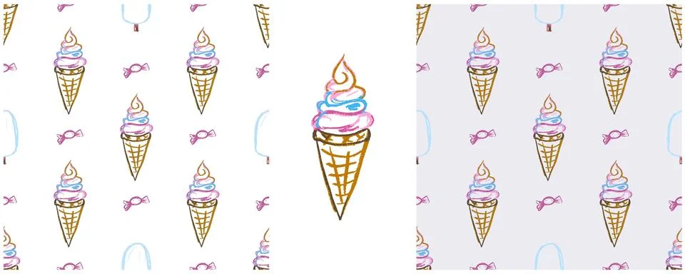 Sweets seamless pattern. Set drawings with wax crayons. Ice cream, desserts Stock Illustration