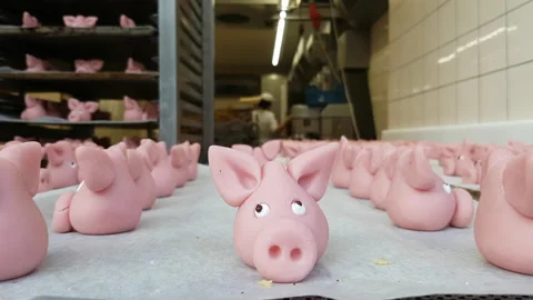 Sweets in the shape of little pig's head on display in French pastry bakery. Stock Footage 272746909