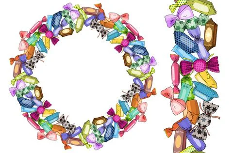 Sweets template and endless border. Colorful candy vector pattern. Design for Stock Illustration