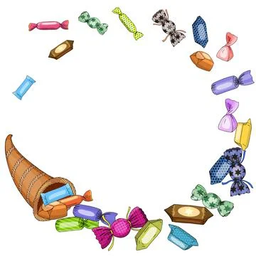 Sweets template with cornicopia and sweets. Colorful candy vector pattern. De Stock Illustration