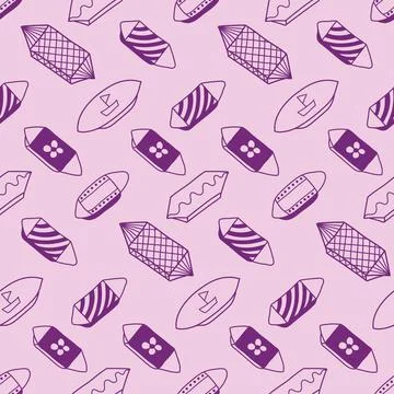 Sweets in wrapper seamless pattern, purple lilac background with black outlin Stock Illustration