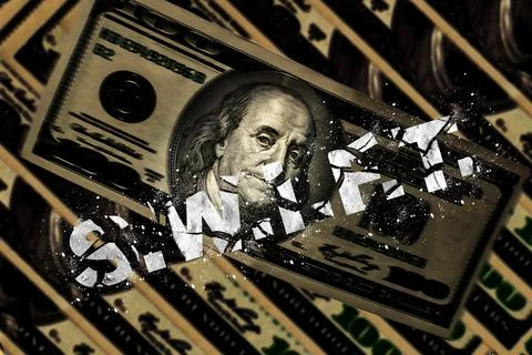 SWIFT is broken against the background of dollars. The concept of prohibition Stock Illustration