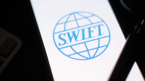 SWIFT logo on the iPhone screen, close-up. Stock Footage 171181967