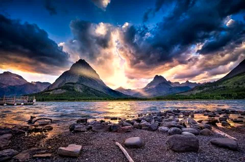 Swiftcurrent Lake at Sunset Stock Photos