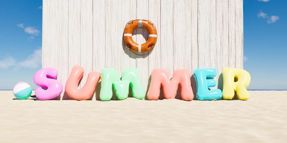Swim float with word SUMMER on beach sand Stock Illustration