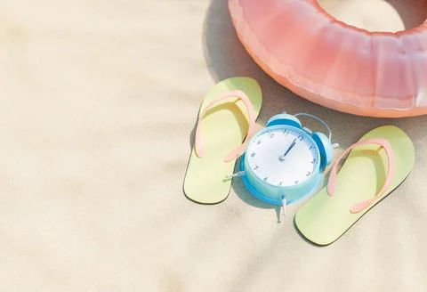 Swim ring with alarm clock and flip flops on sandy shore Stock Illustration
