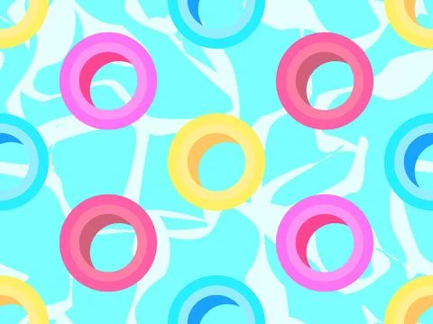 Swim ring seamless pattern. Inflatable pool rings, top view. Multi-colored .. Stock Illustration