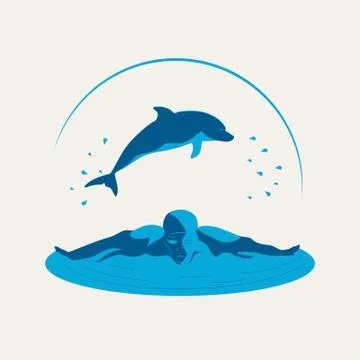 Swimmer and Dolphin Stock Illustration