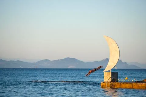 Swimmer and Moon Statue, St. Tropez, Var, Cote d'Azur, French Riviera, Provence, Stock Photos