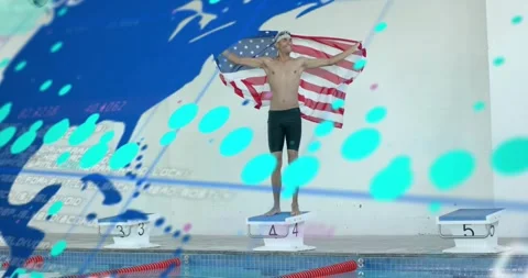 Swimmer on block 4 shifting US flag grip initiating tech data overlay showing Video stock 316983849