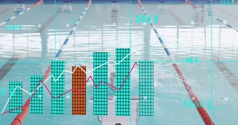 Swimmer crouching on block and launching dive for sports analytics with bar Stock Footage 317835696