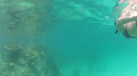 Swimmer follow at rocks 50% Stock Footage 24308541