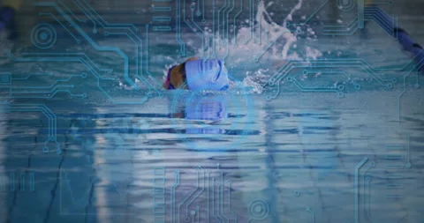 Swimmer gliding lane performing crawl strokes while digital overlays on water 스톡 동영상 315548757