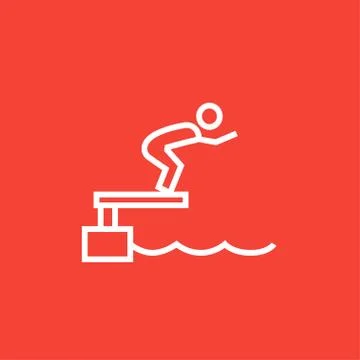 Swimmer jumping from starting block in pool line icon Stock Illustration