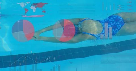 Swimmer in pool surrounded by digital graphs and charts, illustrating data Stock Illustration