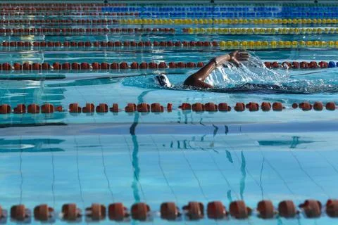 Swimmer practicing in the pool lanes Stock Photos