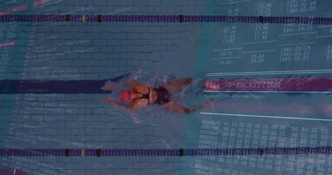 Swimmer pushing off wall and gliding with overlay visualizing encrypted data for Stock Footage 310405286
