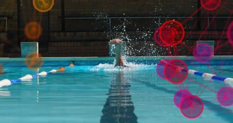 Swimmer pushing off wall, gliding amid lane dividers, icons highlighting stroke Stock Footage 317841560