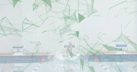 Swimmer responding to start signal diving off block into pool with green sports Stock Footage 316983820
