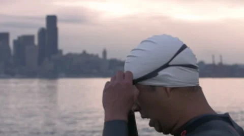 Swimmer with Seattle Sunrise Background Stock Footage 40274251