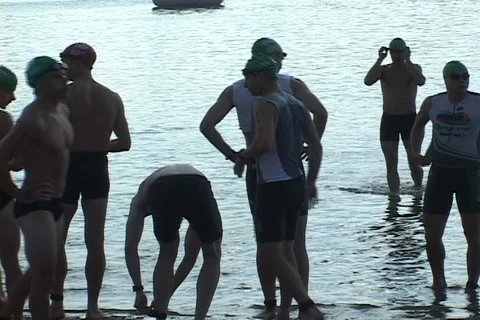 Swimmer silhouettes prep before race start Stock Footage 125449359