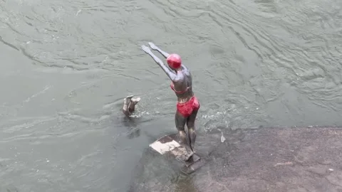 Swimmer Statue Bikini Diving Man Feet Vardar River Skopje 2014 Stock Footage 322921855