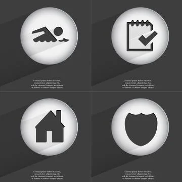 Swimmer, Task completed, House, Badge icon sign. Set of buttons with a flat desi Stock Illustration