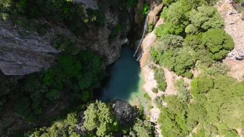 Swimmers in Polylimnio Waterfall Pool from Above Stock-Footage 334899860