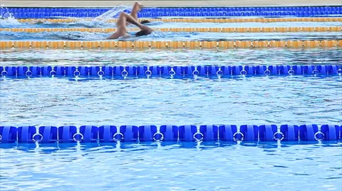 Swimmers Training Outdoor Olympic Size Swimming Pool Lanes Splashing Slow Motion Stock Footage