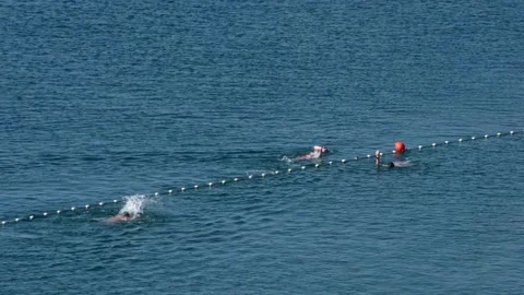Swimming in the Adriatic Sea along a rope with red and white buoys Stock Footage 344766053