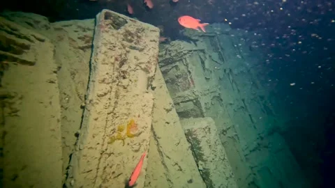 Swimming along inside of large underwater shipwreck with ammunition Vídeo Stock 316028382