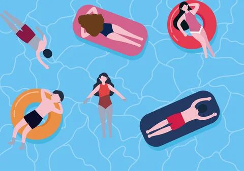 Swimming Background Vector Illustration in flat cartoon style. people dressed Stock Illustration