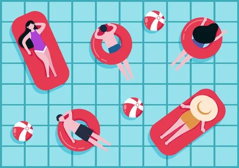 Swimming Background Vector Illustration in flat cartoon style. people dressed Stock Illustration