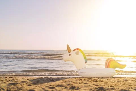 Swimming circle unicorn on the beach about the sea with copy space Stock Photos