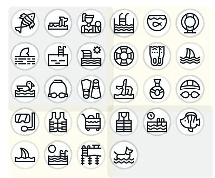 Swimming Design Vector Icons featuring 28 Detail Enhanced Bold Line Style Stock Illustration