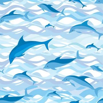 Swimming dolphin seamless pattern. Sea wave marine background. Stock Illustration