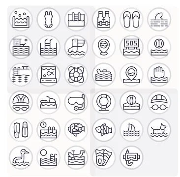 Swimming featuring 35 High Resolution Vector Icons in Regular Line Design Stock Illustration