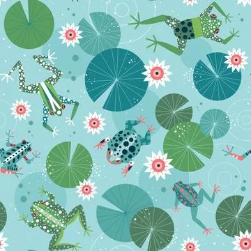 Swimming Frogs Pattern with Toads on Lily Pond Stock Illustration