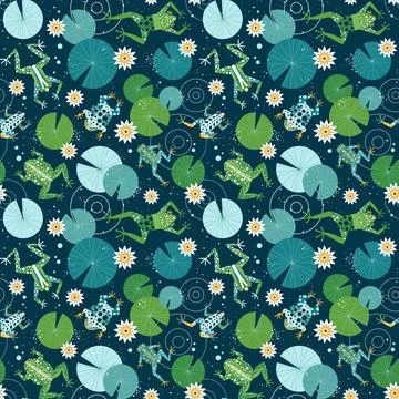 Swimming Frogs Pattern with Toads on Lily Pond Stock Illustration